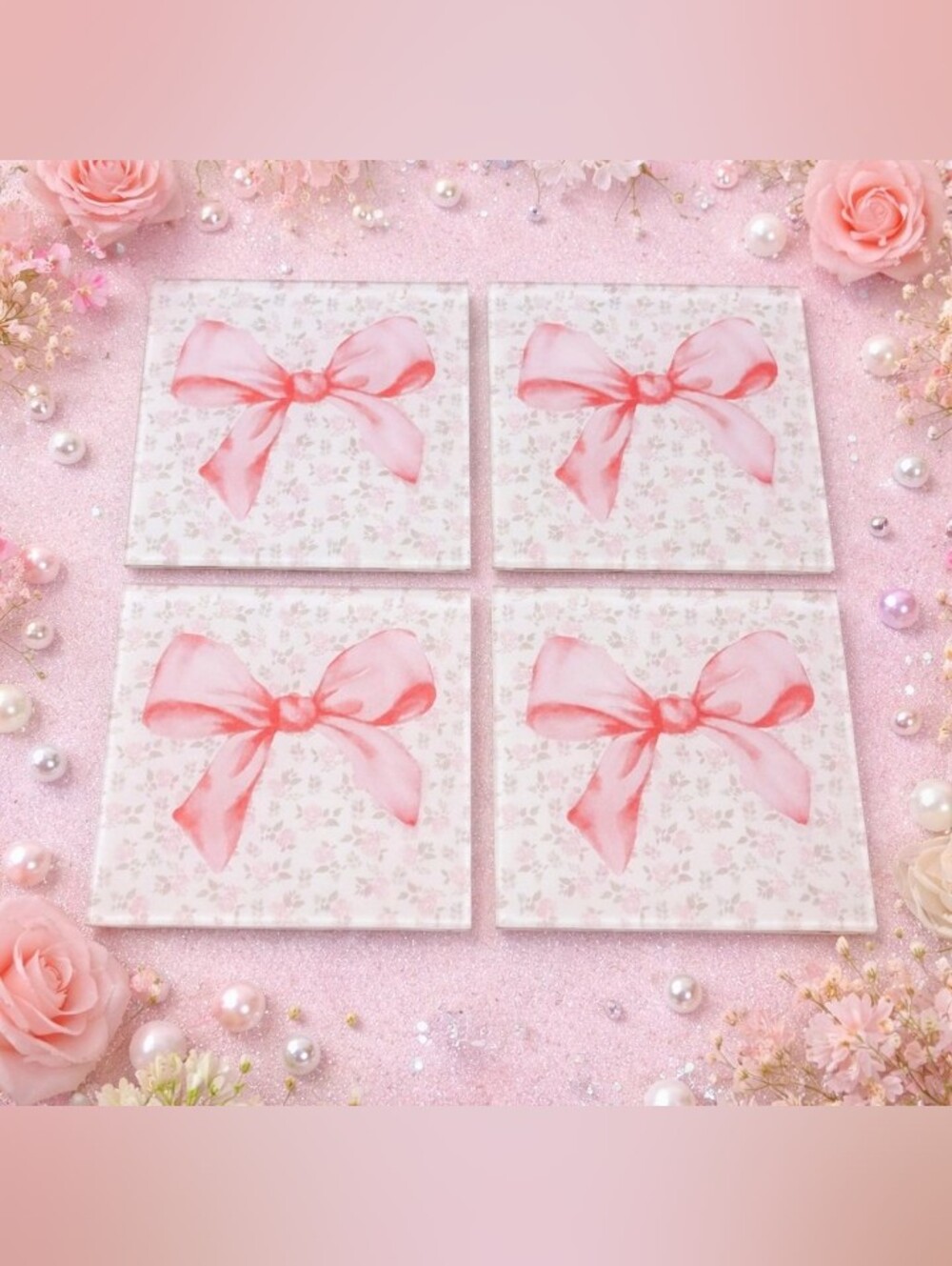 Pink Roses  & Bows LoveShackFancy Inspired Glass Coaster Set of 4